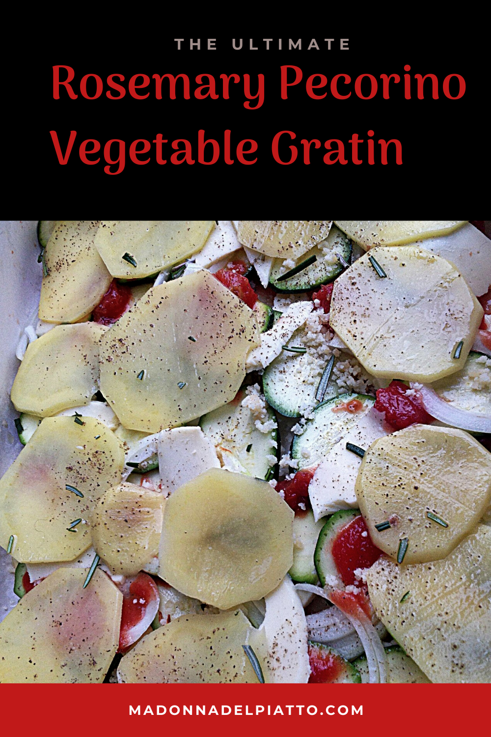 Vegetable gratin with Pecorino Cheese and Rosemary, Zucchini, Potato, Tomato